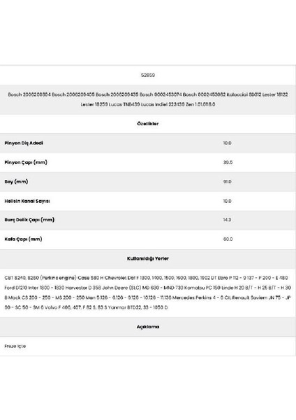 52859 Volvo 10 Kanal 10 Diş 20062093 Marş Dişlisi fiyatları