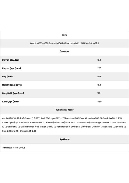 52712 Ibiza 16 Kanal 10 Diş 10062096 Marş Dişlisi fiyatları