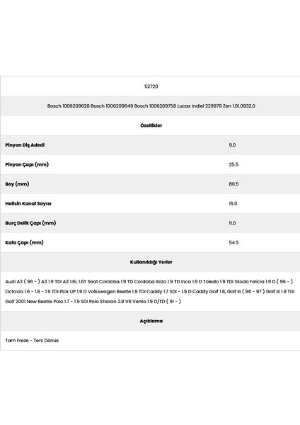 52720 New Beatle 16 Kanal 9 Diş 10062096 Marş Dişlisi fiyatları