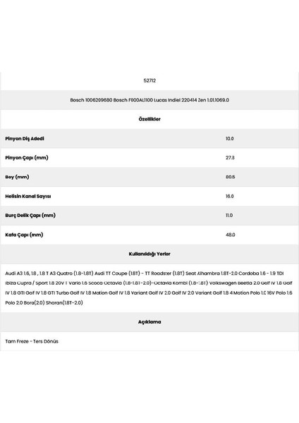 52712 Audi A3 16 Kanal 10 Diş 10062096 Marş Dişlisi fiyatları