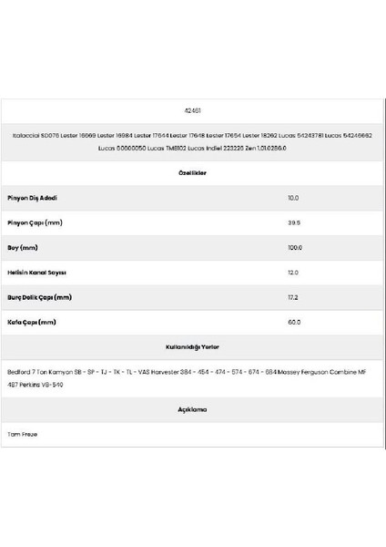 42461 Bedford 12 Kanal 10 Diş 54243781 Marş Dişlisi fiyatları