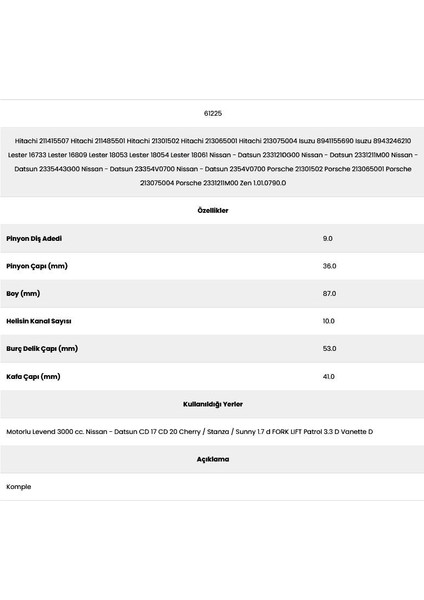 61225 Forklıft 10 Kanal 9 Diş 7152250 Marş Dişlisi fiyatları