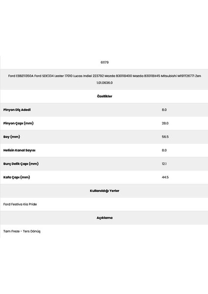 61179 Kia Pride 8 Kanal 8 Diş E8BZ1135 Marş Dişlisi fiyatları