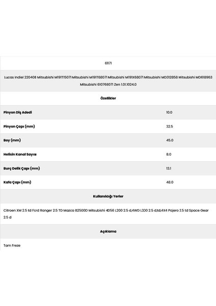 61171 Mitsubishi 8 Kanal 10 Diş PG6048 0 Marş Dişlisi fiyatları