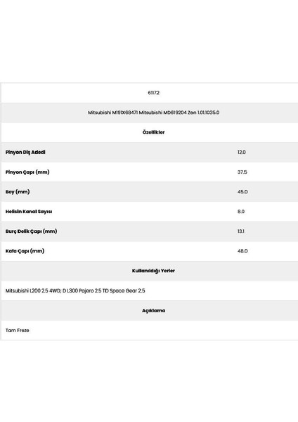 61172 Space Gear 2.5 8 Kanal 12 Diş PG6049 0 Marş Dişlisi fiyatları