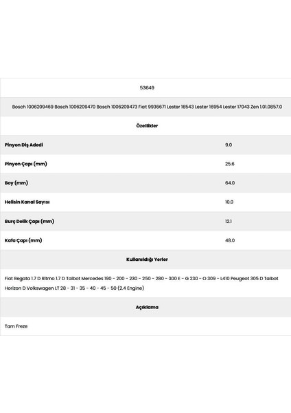 53649 Wv 10 Kanal 9 Diş 10062094 Marş Dişlisi fiyatları