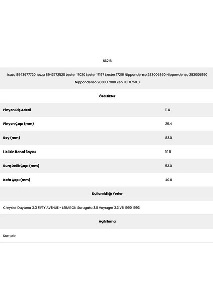 61216 Voyager 10 Kanal 11 Diş PG750 00 Marş Dişlisi fiyatları