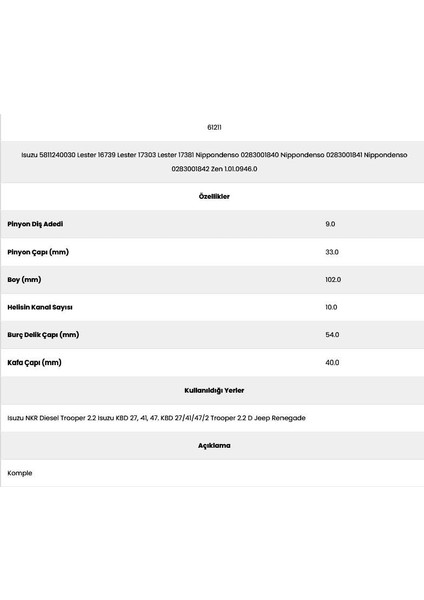 61211 Jeep 10 Kanal 9 Diş 71512110 Marş Dişlisi fiyatları
