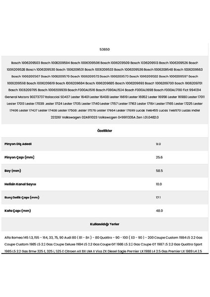 53650 Alfa 10 Kanal Romeo 9 Diş 10062095 Marş Dişlisi fiyatları