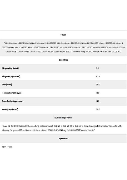 74955 Komatsu Forklıft 12 Kanal 9 Diş Marş Dişlisi fiyatları