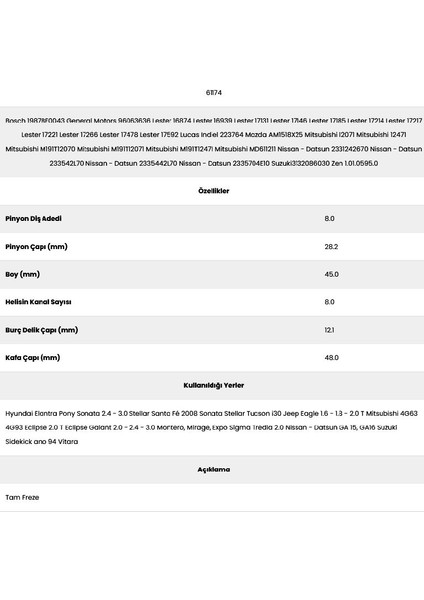 61174 Suziki Jeep 8 Kanal 8 Diş 7410080 Marş Dişlisi fiyatları