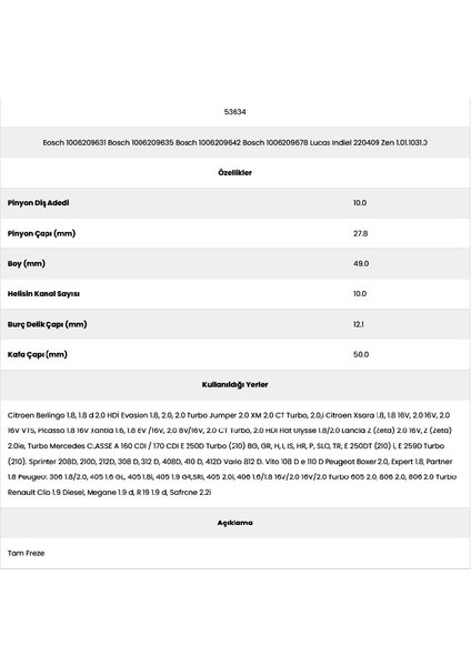 53634 Peugeot 10 Kanal 10 Diş 7156340 Marş Dişlisi fiyatları