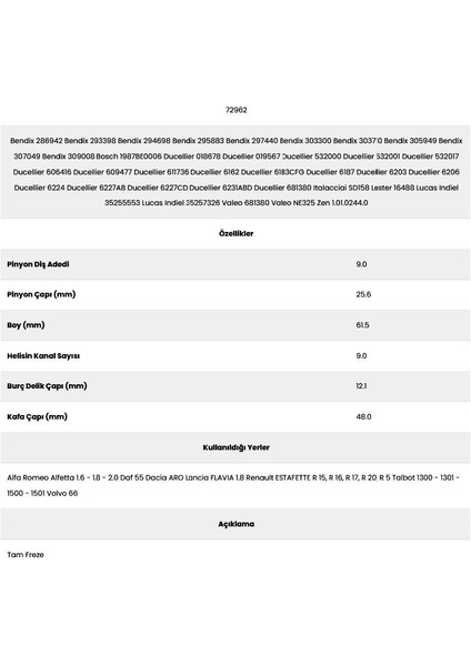 72962 Lancia 9 Kanal 9 Diş 1987BE00 Marş Dişlisi fiyatları