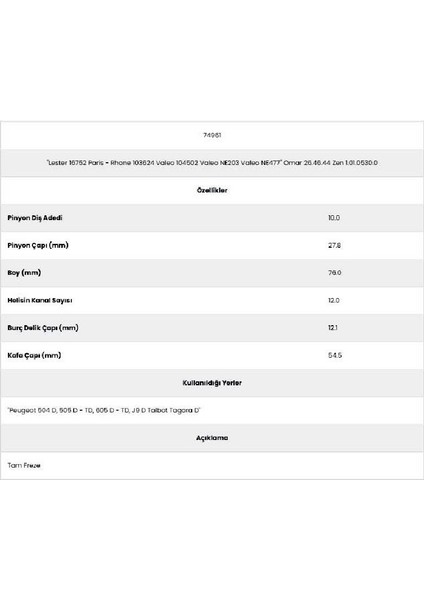 74961 Peugeot J9 12 Kanal 10 Diş Marş Dişlisi fiyatları