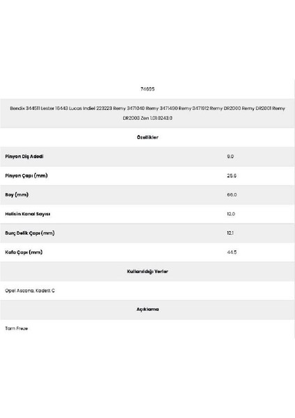 74695 Kadett C 12 Kanal 9 Diş 3471040 Marş Dişlisi fiyatları