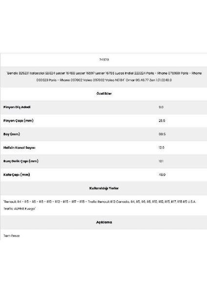 74970 Renault R5 12 Kanal 9 Diş Marş Dişlisi fiyatları