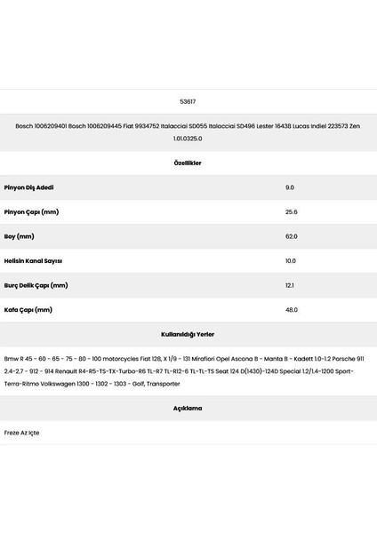 53617 Vw 10 Kanal 9 Diş 10062094 Marş Dişlisi fiyatları