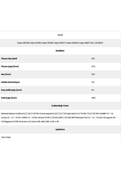 72640 Opel 5 Kanal 10 Diş 186798 1 Marş Dişlisi fiyatları