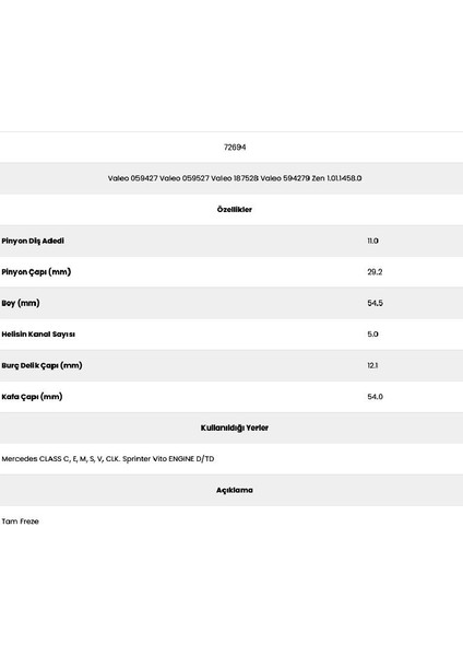 72694 Sprinter 5 Kanal 11 Diş PG1458 0 Marş Dişlisi fiyatları