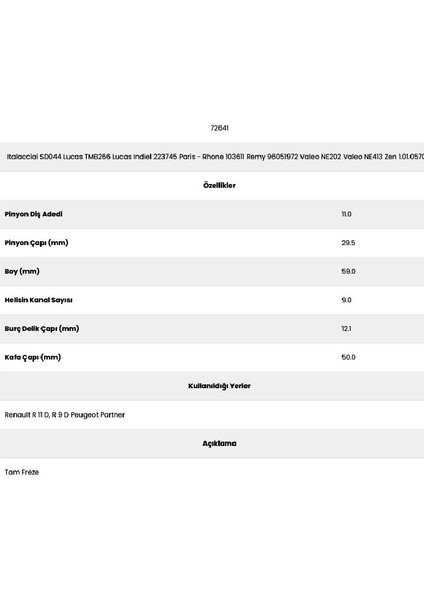 72641 Peugeot 9 Kanal 11 Diş TMB266 9 Marş Dişlisi fiyatları
