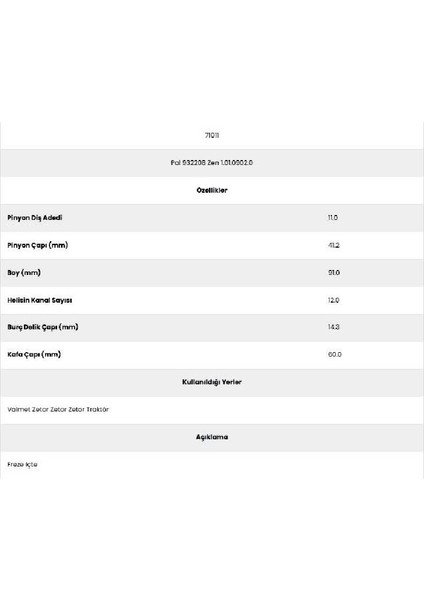71011 Zetor 12 Kanal 11 Diş 932208 1 Marş Dişlisi fiyatları