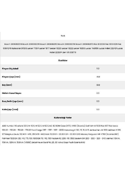 71411 Cargo 11 Diş 71514110 Marş Dişlisi fiyatları