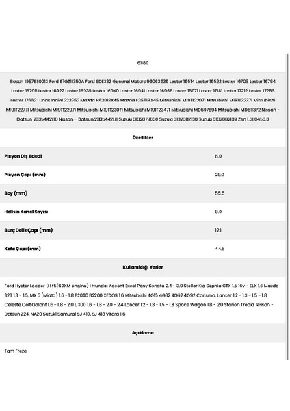 61180 Nissan 8 Kanal 8 Diş 71511800 Marş Dişlisi fiyatları