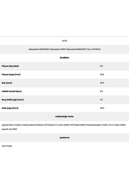 61175 Master 8 Kanal 9 Diş 7151175 Marş Dişlisi fiyatları