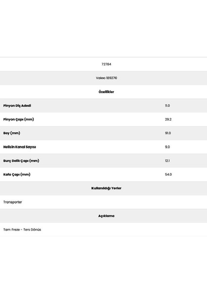 72784 Transporter 9 Kanal 11 Diş 189270 1 Marş Dişlisi fiyatları