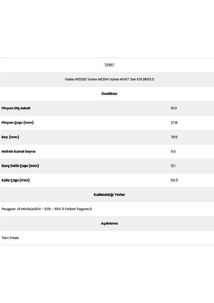 72957 Tagora 9 Kanal 10 Diş 105332 N Marş Dişlisi fiyatları