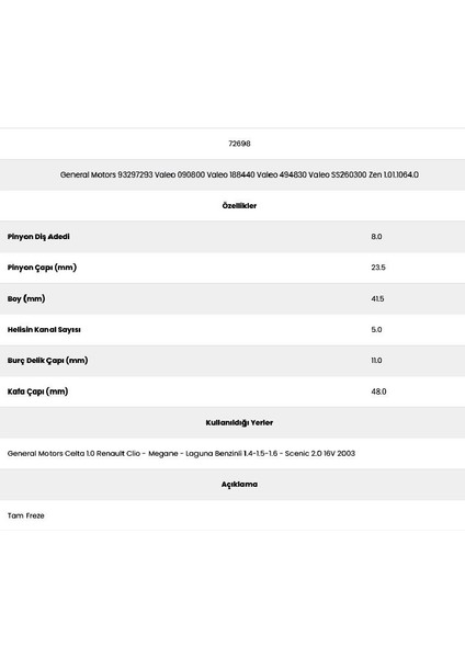 72698 Megane 5 Kanal 8 Diş 71509930 Marş Dişlisi fiyatları