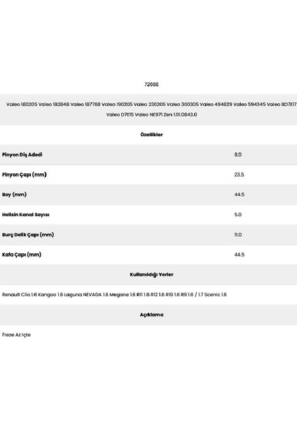 72688 Clio 5 Kanal 8 Diş PG6101 0 Marş Dişlisi fiyatları