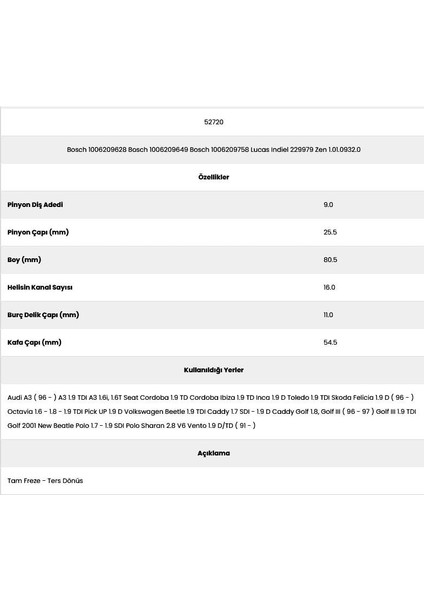 52720 Cordoba 16 Kanal 9 Diş 10062096 Marş Dişlisi fiyatları