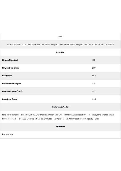 42370 Rower 9 Kanal 10 Diş 54291911 Marş Dişlisi fiyatları