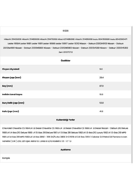61228 Datsun 10 Kanal 9 Diş 71561228 Marş Dişlisi fiyatları