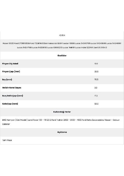 42454 Land Rower 3 Kanal 10 Diş 2701E113 Marş Dişlisi fiyatları