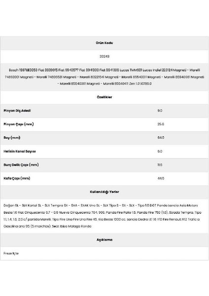 33243 Palio 6 Kanal 9 Diş 83221541 Marş Dişlisi fiyatları