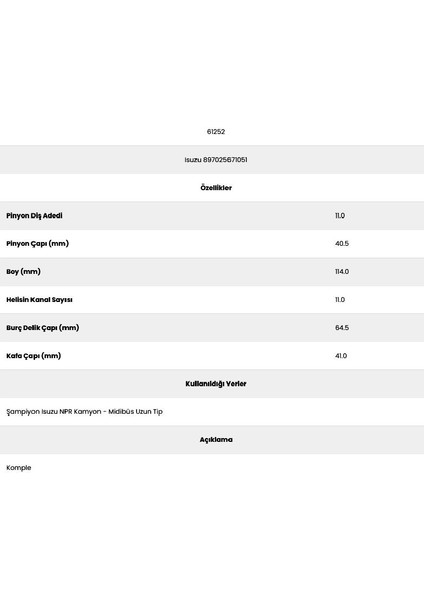 61252 Npr 11 Kanal 11 Diş 71512520 Marş Dişlisi