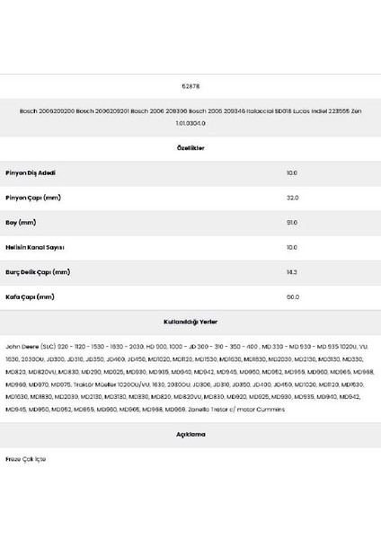 52878 John Deere 10 Kanal 10 Diş 20062092 Marş Dişlisi fiyatları
