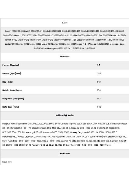 52871 Atlas 10 Kanal 9 Diş 20062094 Marş Dişlisi fiyatları