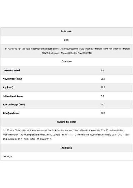 30151 Fiat-35 6 Kanal 9 Diş 72316024 Marş Dişlisi fiyatları