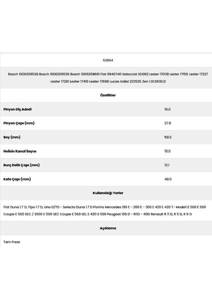53654 Mercedes 10 Kanal 10 Diş 10062095 Marş Dişlisi fiyatları