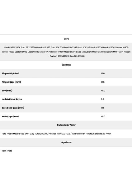 61173 Datsun 8 Kanal 10 Diş PG6049 0 Marş Dişlisi fiyatları