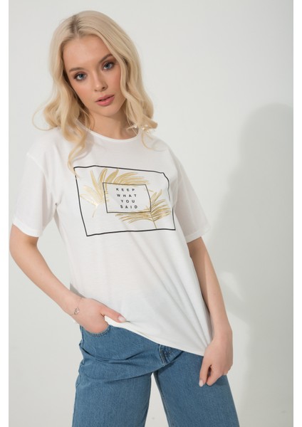 Baskılı Basic Bisiklet Yaka Örme T-Shirt