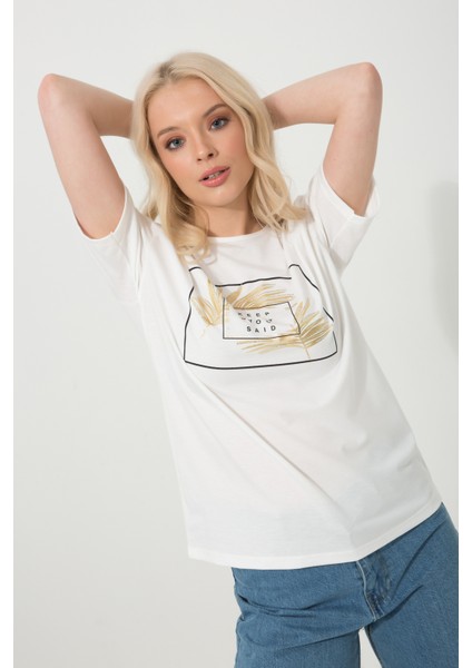 Baskılı Basic Bisiklet Yaka Örme T-Shirt