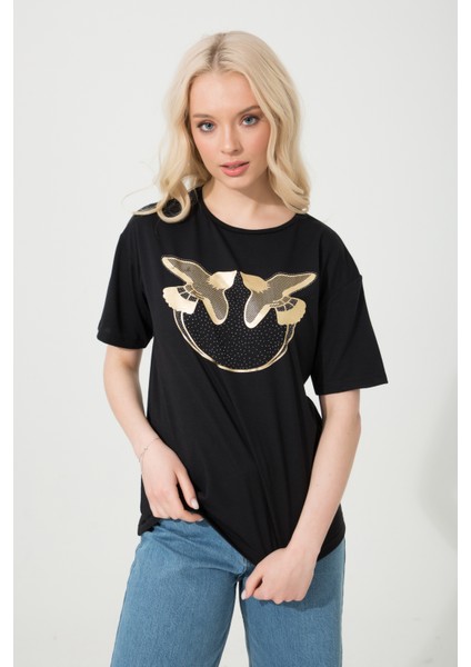 Baskılı Basic Bisiklet Yaka Örme T-Shirt