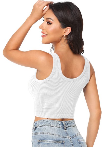 Kadın U Yaka Beyaz Renk Crop Top Bluz Atlet