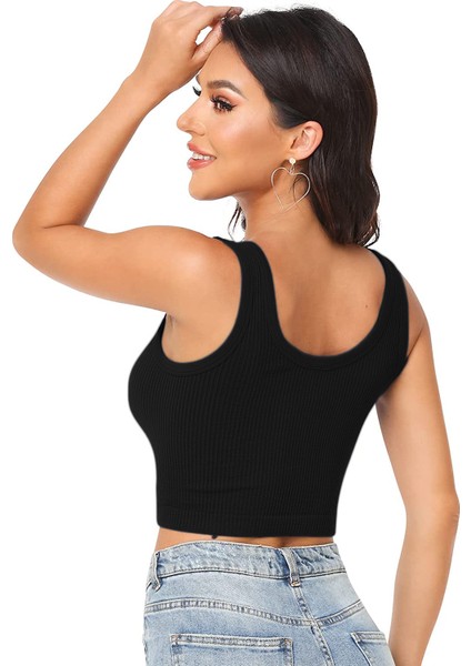 Kadın U Yaka Siyah Renk Crop Top Bluz Atlet