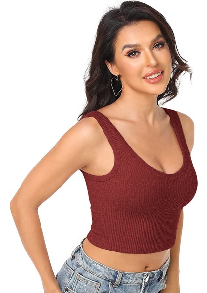 Kadın U Yaka Melanj Bordo Renk Crop Top Bluz Atlet