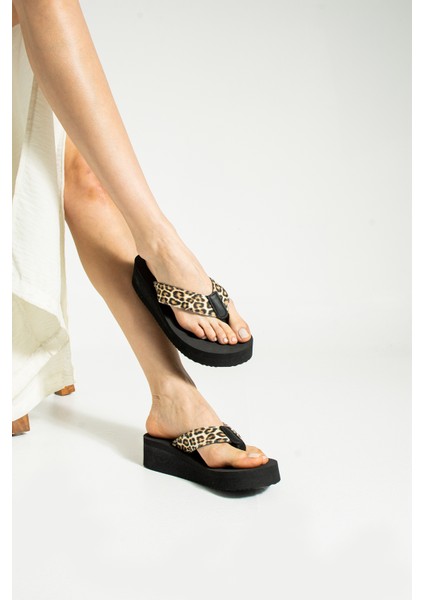 Platform Siyah Leopar Kadın Şık Parmak Arası Plaj Terlik Flip Flops